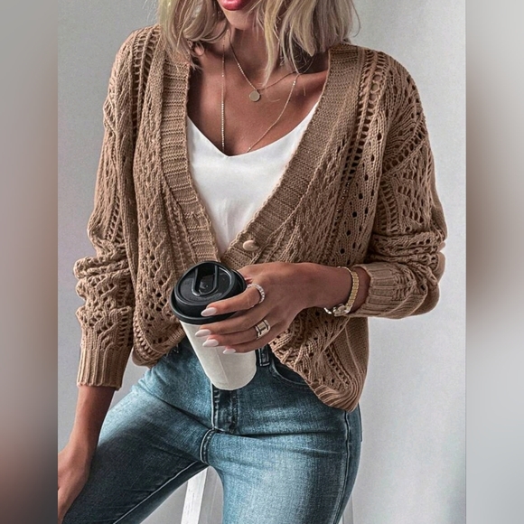 New Boho Open Knit Cardigan Sweater Tan Brown - Picture 3 of 9